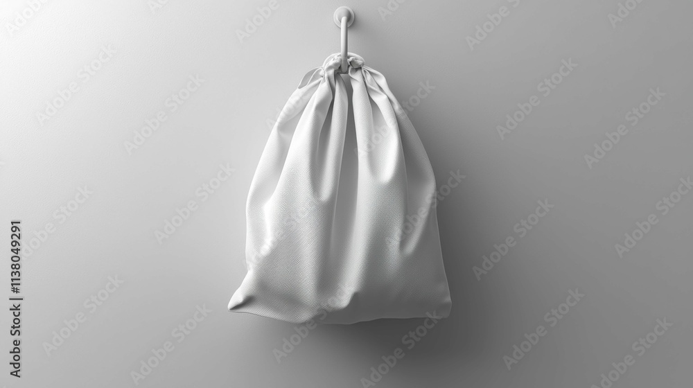 A plain white drawstring bag made of soft fabric, hanging against a smooth gray background, ideal for branding or product presentations. A plain white drawstring bag made of soft fabric, hanging against a smooth gray background, ideal for branding or product presentations.