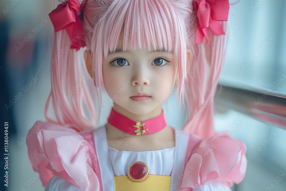 Fototapeta premium Young girl with pink hair and costume posing in bright indoor setting during daylight