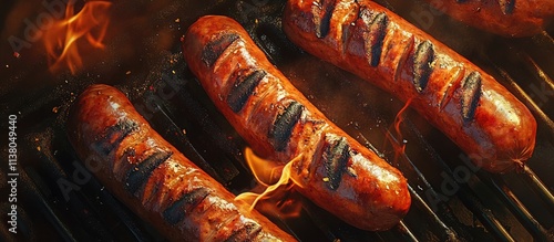 Grilled sausages with distinct grill marks sizzling on a hot barbecue showcasing delicious textures and smoky flavors. photo