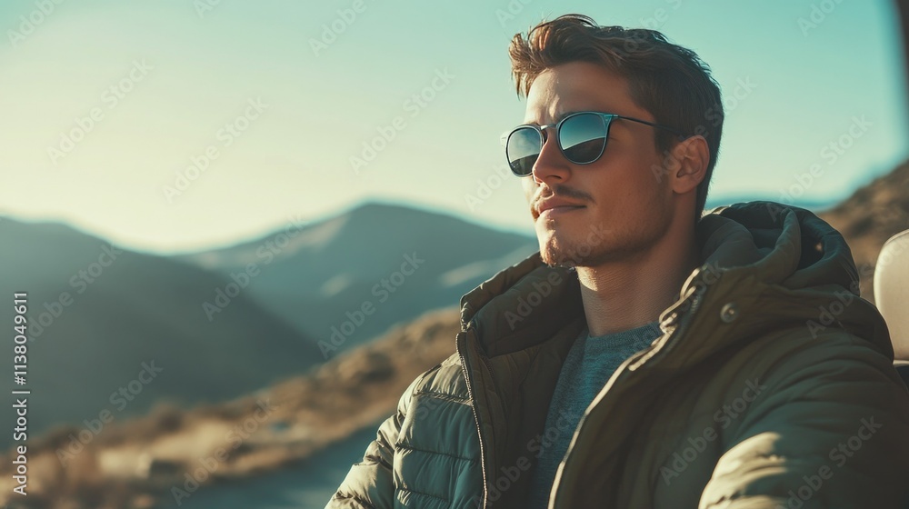 a man sitting outdoors with mountains in the background and a clear sky above. He is wearing a thick jacket, sunglasses, and appears to be deep in thought or enjoying the view. a man sitting outdoors with mountains in the background and a clear sky above. He is wearing a thick jacket, sunglasses, and appears to be deep in thought or enjoying the view.