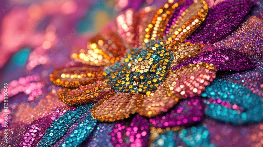 Vibrant 80s sequined floral embroidery texture closeup showcasing colorful hues and intricate details for fashion and design backgrounds Vibrant 80s sequined floral embroidery texture closeup showcasing colorful hues and intricate details for fashion and design backgrounds