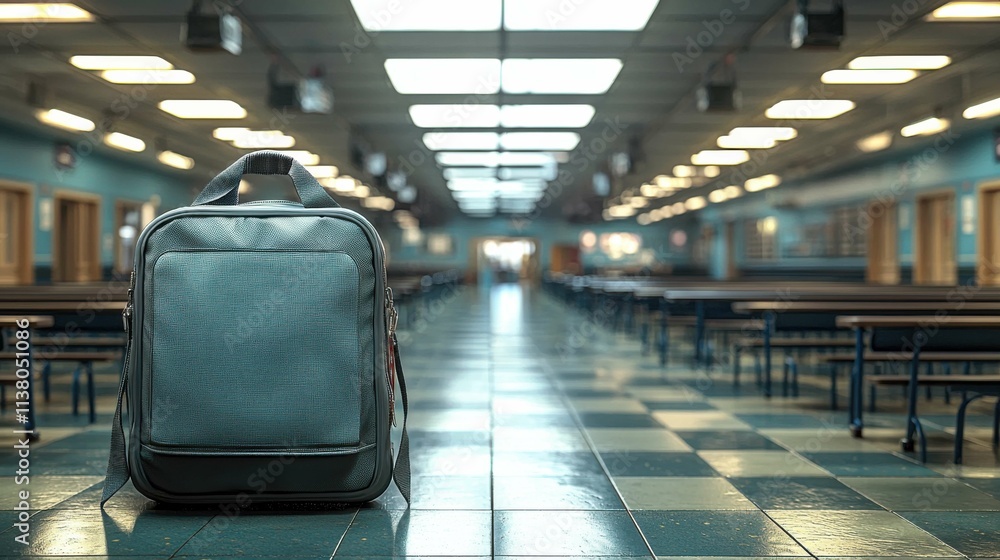 A blue backpack stands alone in a spacious school hallway filled with rows of tables and empty chairs, creating a peaceful yet solemn atmosphere. A blue backpack stands alone in a spacious school hallway filled with rows of tables and empty chairs, creating a peaceful yet solemn atmosphere.