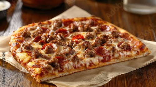 Wallpaper Mural Delicious slice of sausage and pepperoni pizza displayed on a rustic wooden table with a casual napkin setting Torontodigital.ca