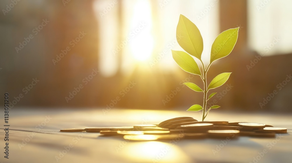 Sustainable finance and investment concept with a plant sprouting from savings coins Sustainable finance and investment concept with a plant sprouting from savings coins