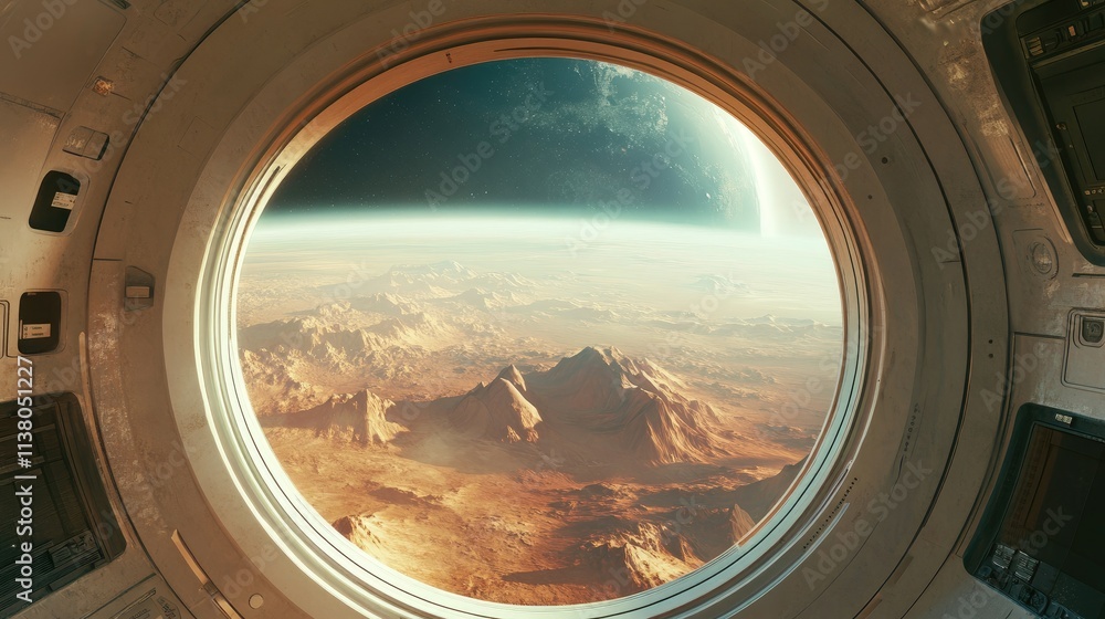 Fototapeta premium View from an airplane porthole overlooking a stunning extraterrestrial landscape with mountains and planets in the background.