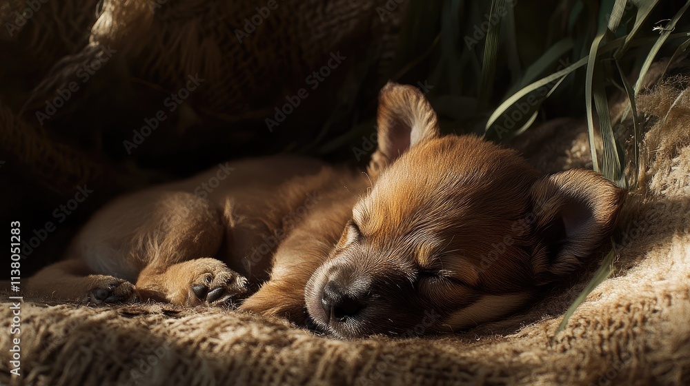 Fototapeta premium Sleeping puppy resting peacefully in sunlight on a cozy blanket surrounded by nature's greenery and warmth