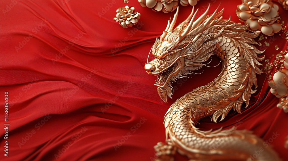 custom made wallpaper toronto digitalA majestic golden dragon entwined with crimson silk, set against a vibrant red backdrop, perfect for cultural celebrations, Lunar New Year, or auspicious events.