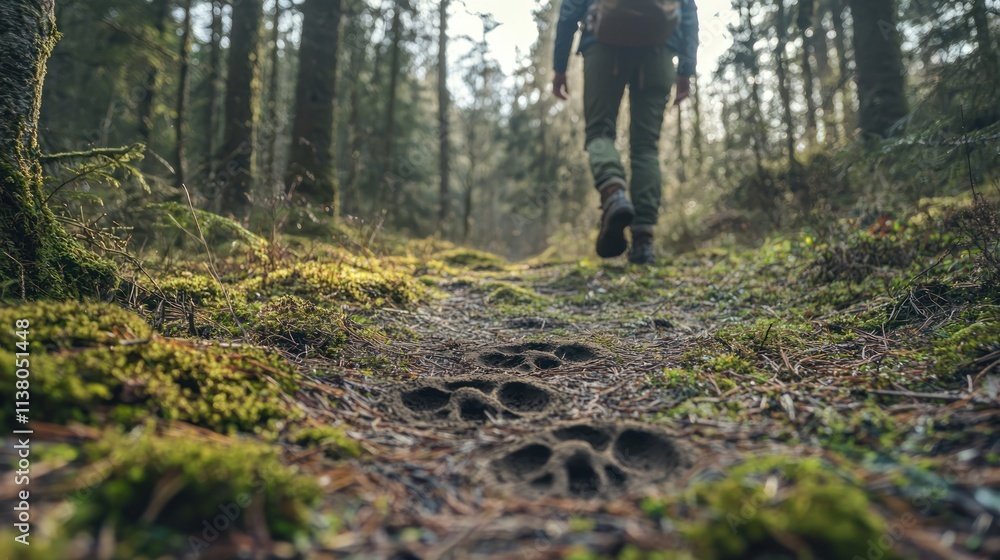 A hiker noticing a set of animal footprints along the trail in a forest A hiker noticing a set of animal footprints along the trail in a forest