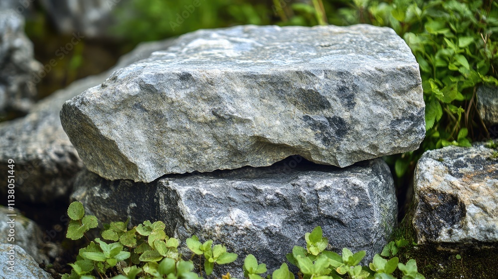 Gray granite stone rocks stacked among green foliage in a natural outdoor setting showcasing texture and earth tones Gray granite stone rocks stacked among green foliage in a natural outdoor setting showcasing texture and earth tones