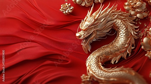Wallpaper Mural A majestic golden dragon entwined with crimson silk, set against a vibrant red backdrop, perfect for cultural celebrations, Lunar New Year, or auspicious events. Torontodigital.ca