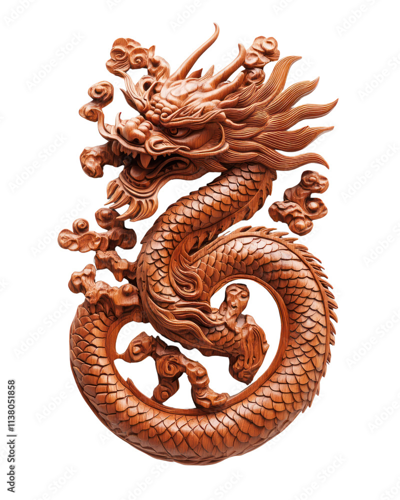 Fototapeta premium Intricately Carved Wooden Dragon Sculpture on Isolated Transparent Background
