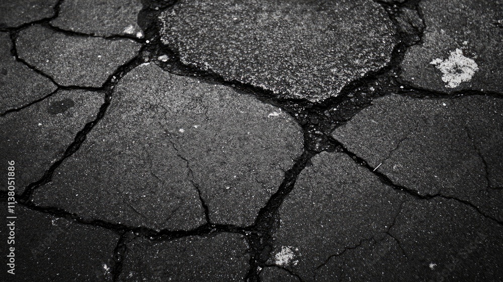 Obraz premium Cracked black asphalt texture background with rough surface detailing for urban or construction design projects