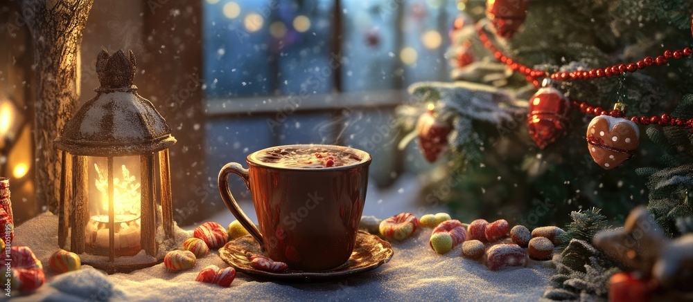 Fototapeta premium Cozy winter scene featuring hot chocolate, festive candies, a glowing lantern, and a beautifully decorated Christmas tree