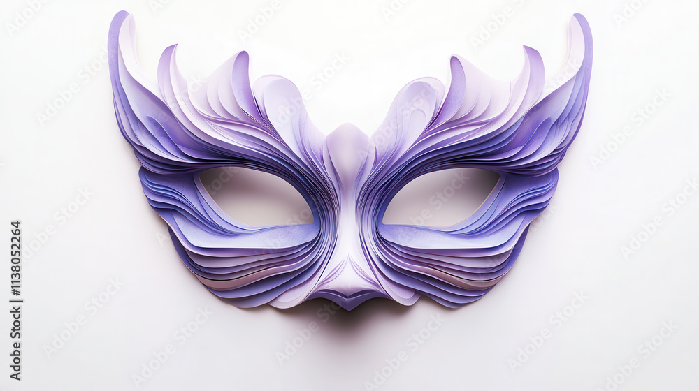 A soft lavender-colored mask with detailed folds and realistic texture, cut-out style graphic on a clear white background. Highlights on the material give a vivid pop of clarity, perfect focus with se A soft lavender-colored mask with detailed folds and realistic texture, cut-out style graphic on a clear white background. Highlights on the material give a vivid pop of clarity, perfect focus with se