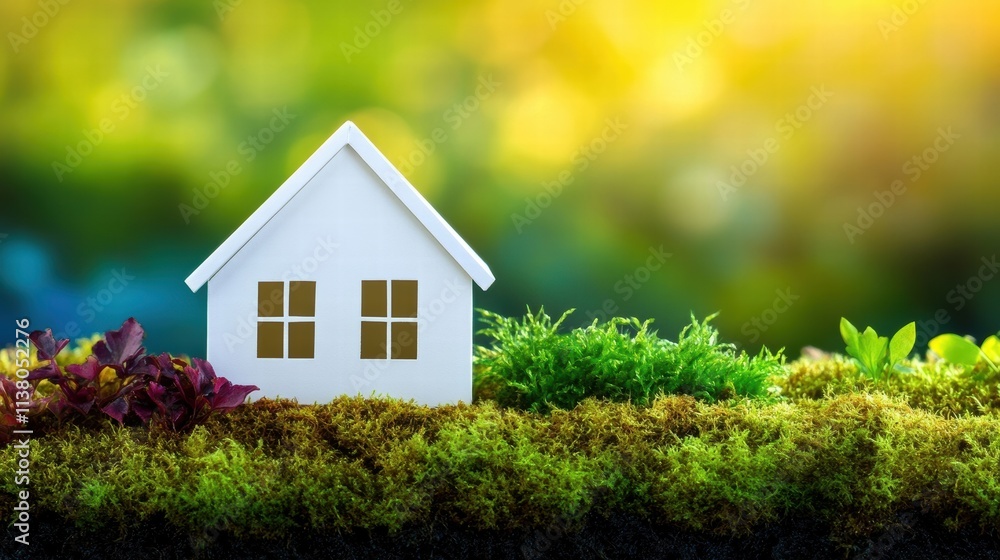 A serene miniature house nestled among vibrant green moss and colorful plants, symbolizing nature and tranquility.