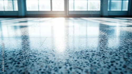 Polished terrazzo floor reflecting sunlight with large windows in the background táº¡oing a modern and elegant interior space ambiance photo