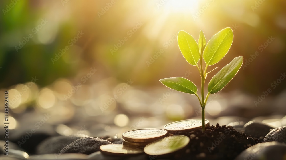 Sustainable finance and investment concept with a plant sprouting from savings coins Sustainable finance and investment concept with a plant sprouting from savings coins
