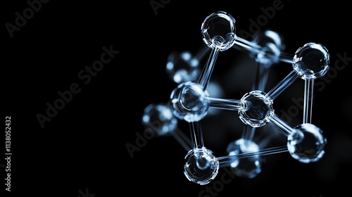 A 3D render of a glass molecule model against a black background.
