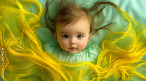 a baby in space, greeny blue background, yellow streaks  photo