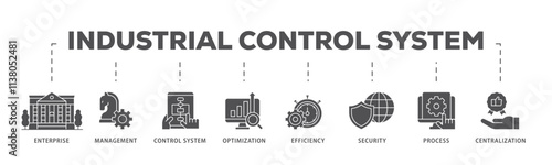 Industrial control system infographic icon flow process which consists of enterprise, management, control system, optimization, efficiency icon live stroke and easy to edit .