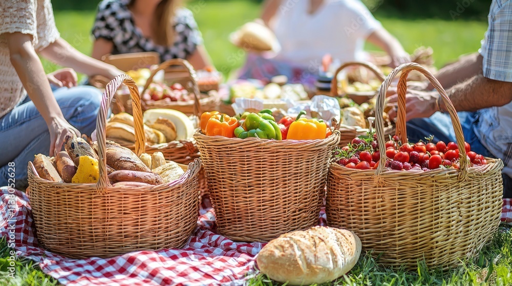 A group of friends sharing a picnic, surrounded by baskets full of delicious food A group of friends sharing a picnic, surrounded by baskets full of delicious food
