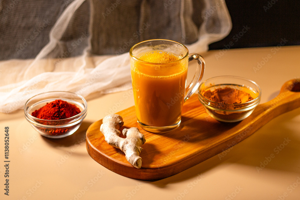 Immunity drink with turmeric powder. Turmeric tea. Trendy healthy drink with curcuma spices. Herbal beverage for health and normal bowel function Immunity drink with turmeric powder. Turmeric tea. Trendy healthy drink with curcuma spices. Herbal beverage for health and normal bowel function