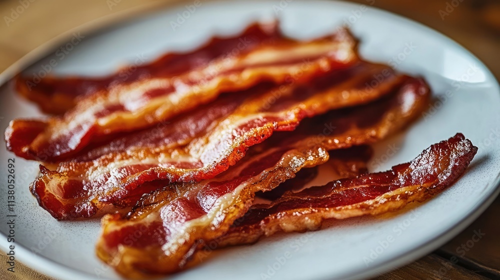 Delicious Crispy Bacon Strips on Plate Ideal for Breakfast and Culinary Themes Delicious Crispy Bacon Strips on Plate Ideal for Breakfast and Culinary Themes