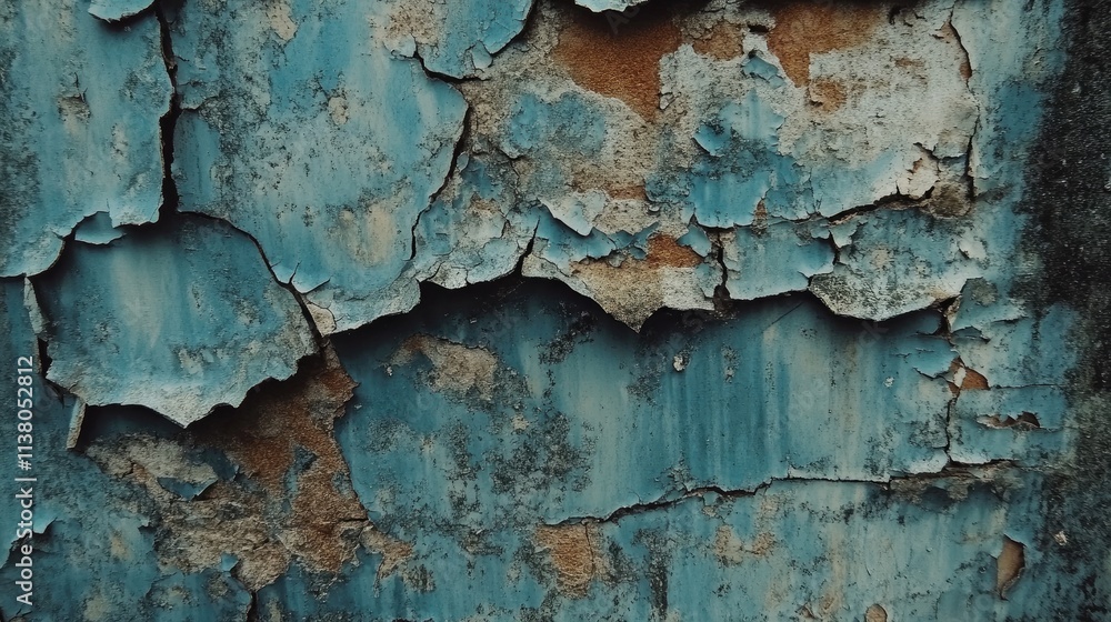 Obraz premium Textured wall background with cracked and peeling blue paint showcasing weathered bricks for building and urban design concepts