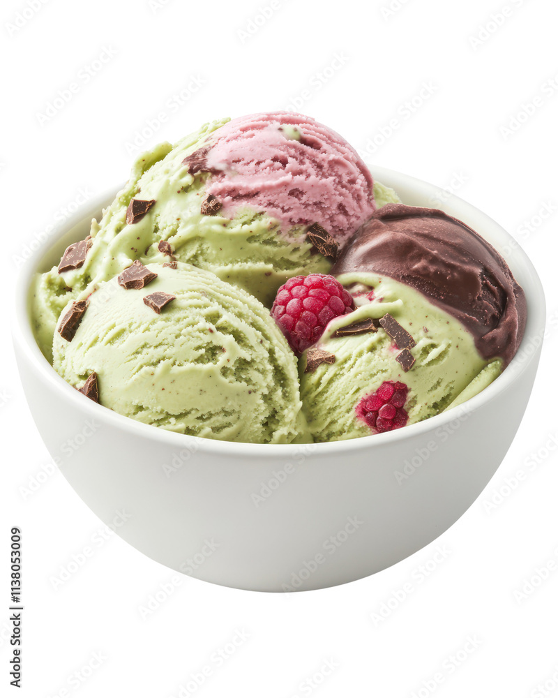 Bowl of Assorted Ice Cream with Raspberries and Chocolate on Isolated Transparent Background Bowl of Assorted Ice Cream with Raspberries and Chocolate on Isolated Transparent Background