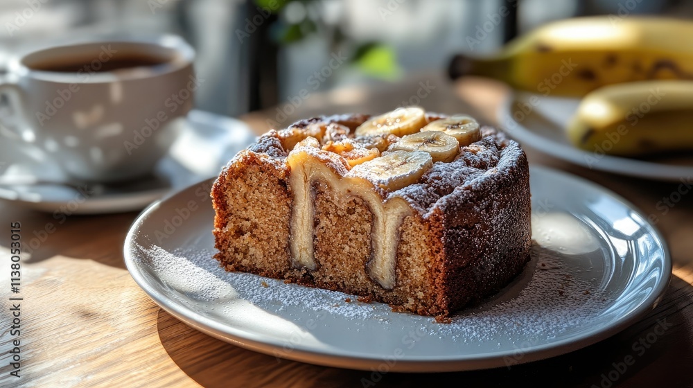 Delicious slice of homemade banana cake served with coffee on a wooden table perfect for a cozy afternoon treat. Delicious slice of homemade banana cake served with coffee on a wooden table perfect for a cozy afternoon treat.