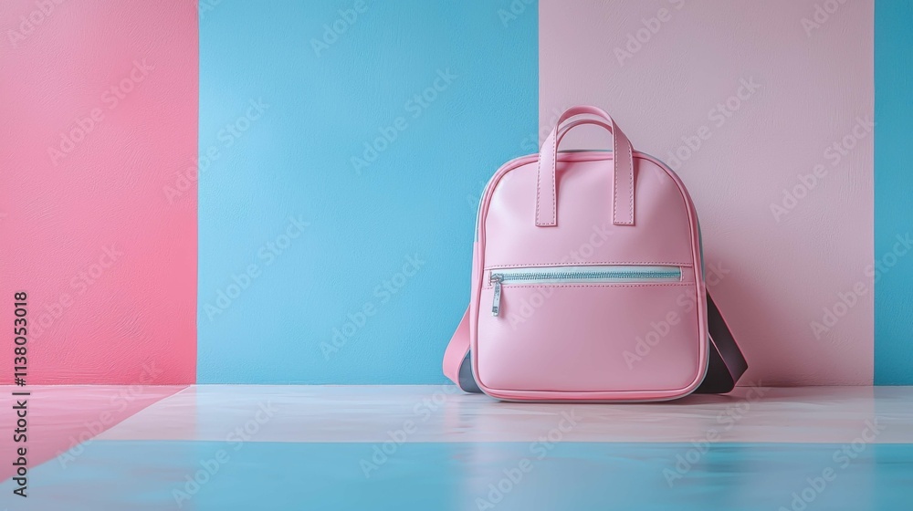 A stylish pink backpack is positioned against a colorful pink and blue background, showcasing its sleek design and modern appeal. Perfect for branding and presentation. A stylish pink backpack is positioned against a colorful pink and blue background, showcasing its sleek design and modern appeal. Perfect for branding and presentation.