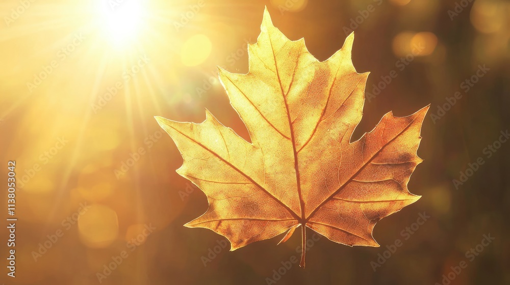 Obraz premium Golden autumn leaf illuminated by sunlight showcasing vibrant colors and delicate details of nature transitioning into fall season.