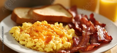 Scrumptious Breakfast: Fluffy Scrambled Eggs, Crispy Bacon, and Toasted Bread photo