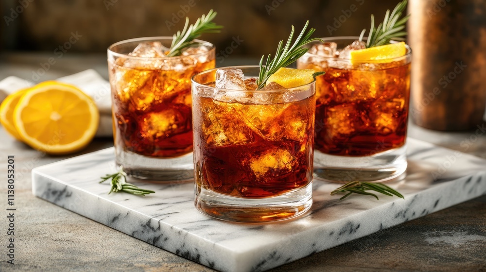 Three refreshing cocktails with ice garnished with lemon and rosemary displayed on a marble tray in a stylish setting. Three refreshing cocktails with ice garnished with lemon and rosemary displayed on a marble tray in a stylish setting.