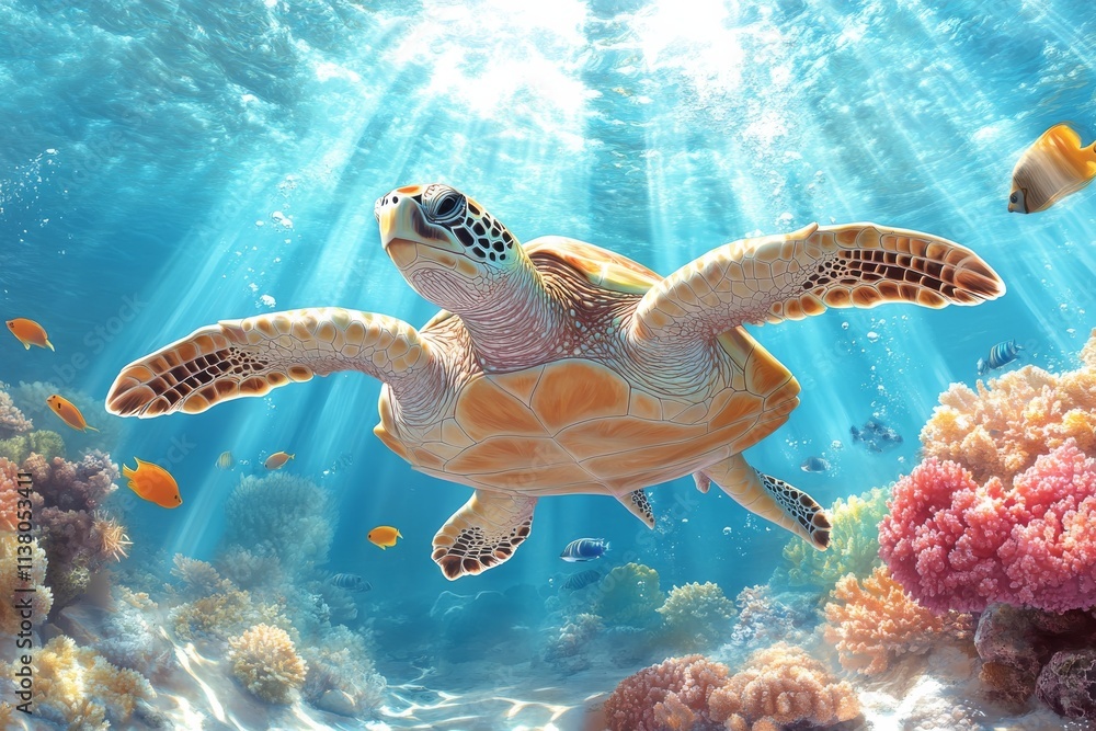 Obraz premium A large turtle gracefully swims underwater. Generative AI