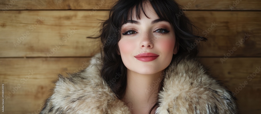 Girl with elegant makeup in fur coat smiling softly against rustic wooden wall backdrop capturing glamour and natural beauty. Girl with elegant makeup in fur coat smiling softly against rustic wooden wall backdrop capturing glamour and natural beauty.
