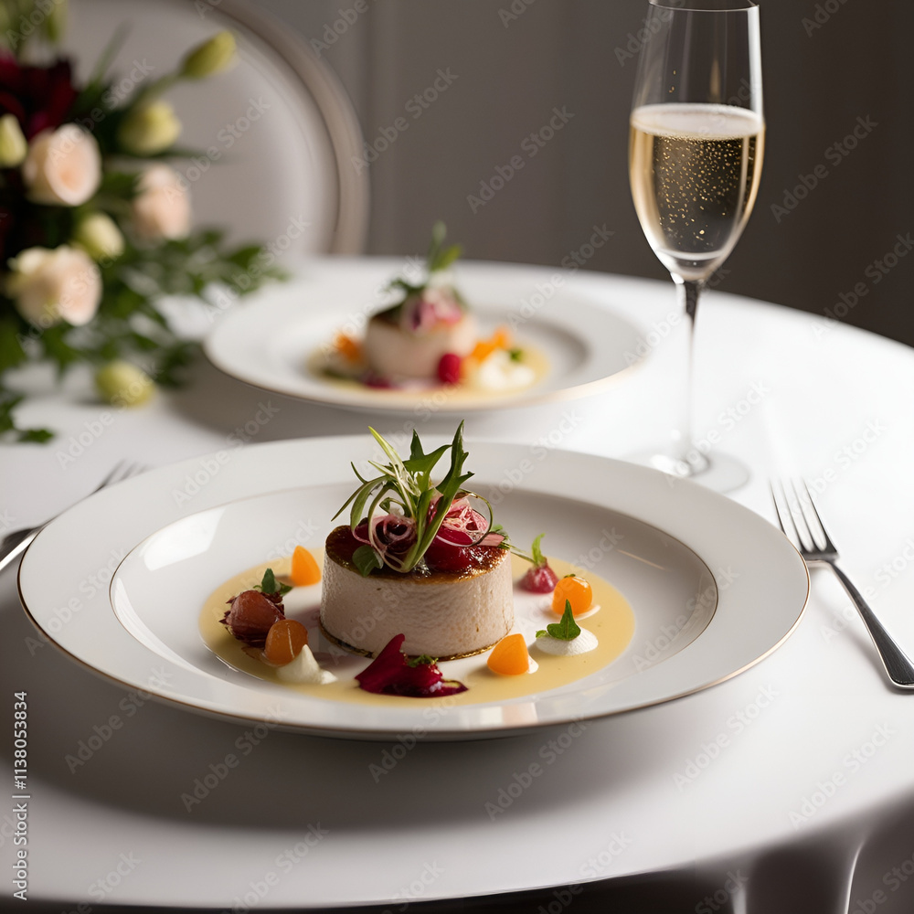 Elegant gourmet dessert served on a white plate with fresh fruits and champagne in romantic setting
Elegant gourmet dessert served on a white plate with fresh fruits and champagne in romantic setting