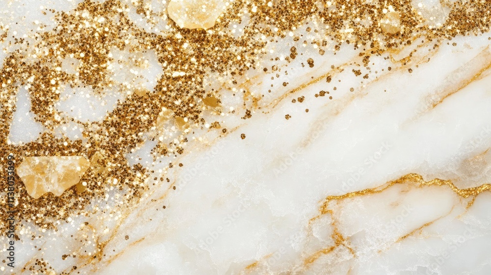 Elegant gold glitter sparkle texture on white marble background for festive and decorative designs Elegant gold glitter sparkle texture on white marble background for festive and decorative designs