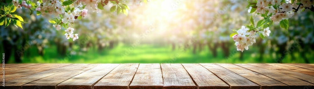A serene wooden table with a blossoming orchard in the background, bathed in warm sunlight, perfect for spring themes. A serene wooden table with a blossoming orchard in the background, bathed in warm sunlight, perfect for spring themes.