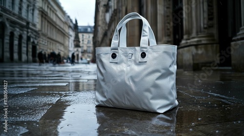 A stylish white bag positioned on a wet cobblestone street in a bustling city, reflecting urban life and fashion. photo