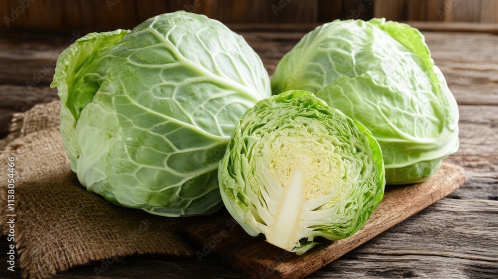 Fototapeta premium Fresh green cabbage heads displayed on rustic wooden background showcasing organic farming and healthy eating concept.