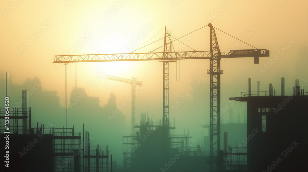Industrial Construction Crane Silhouette Against Dawn Sky Gradient Industrial Construction Crane Silhouette Against Dawn Sky Gradient