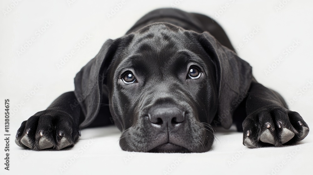 Black puppy lying down on a white background showcasing a peaceful and curious expression with its big eyes and soft fur. Black puppy lying down on a white background showcasing a peaceful and curious expression with its big eyes and soft fur.