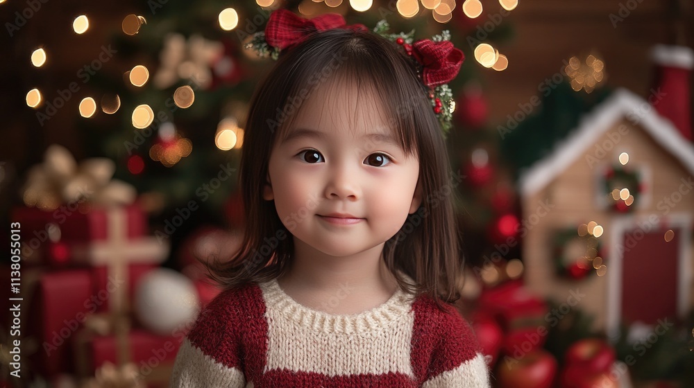 Cute asian girl with beautiful Christmas tree and lights with copy space. Cute asian girl with beautiful Christmas tree and lights with copy space.