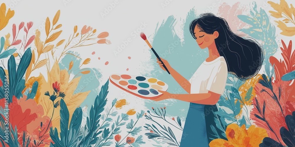 A girl is painting on a canvas with a variety of colors. The painting is full of life and energy, with the girl standing in the middle of it all. The scene is lively and colorful A girl is painting on a canvas with a variety of colors. The painting is full of life and energy, with the girl standing in the middle of it all. The scene is lively and colorful