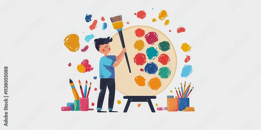 A man is painting a picture with a brush on a canvas. The painting is full of bright colors and has a lot of detail. The man is focused on his work and seems to be enjoying himself A man is painting a picture with a brush on a canvas. The painting is full of bright colors and has a lot of detail. The man is focused on his work and seems to be enjoying himself