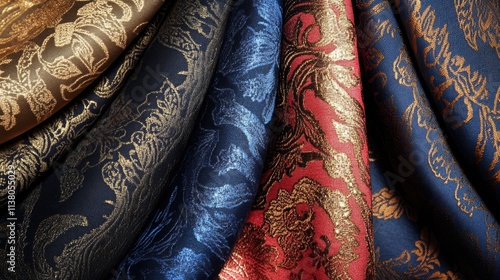 Elegant fabric textures featuring rich colors and intricate patterns suitable for fashion and interior design projects. photo