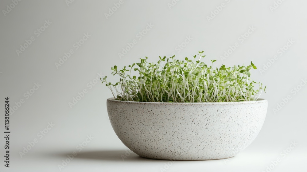 Fresh alfalfa sprouts in a textured ceramic bowl showcasing healthy greens against a neutral background for natural food imagery Fresh alfalfa sprouts in a textured ceramic bowl showcasing healthy greens against a neutral background for natural food imagery