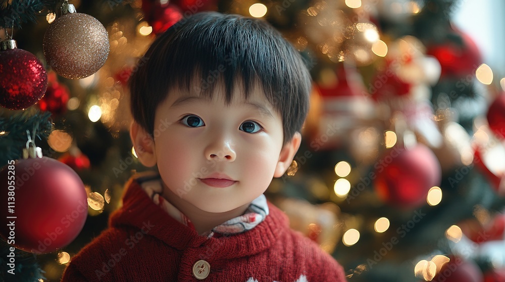 Cute asian boy with beautiful Christmas tree and lights with copy space. Cute asian boy with beautiful Christmas tree and lights with copy space.