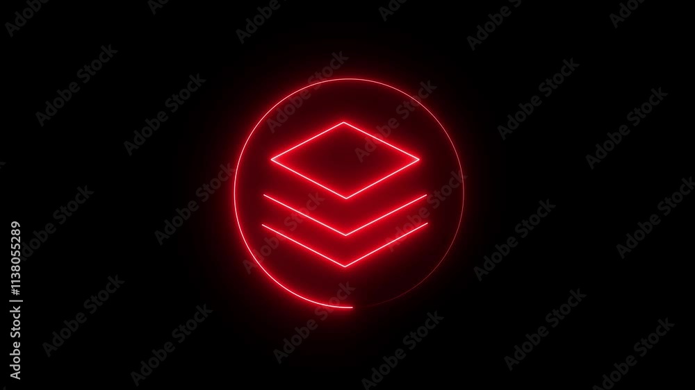 Neon map layers icon blue color glowing animation black background. Neon dial shape icon glowing black background animation